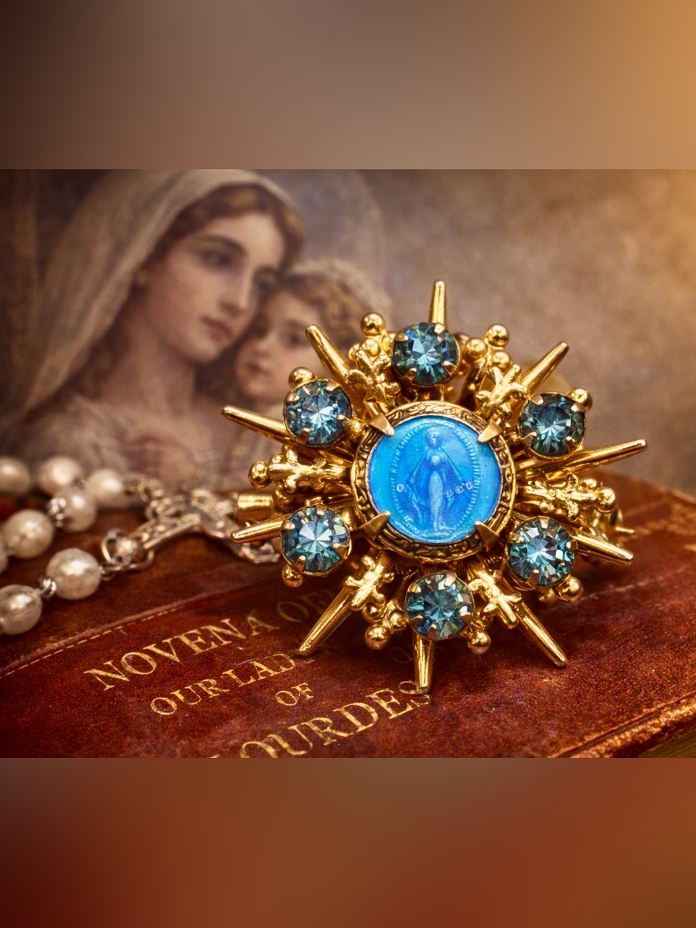 Vintage Virgin Mary Brooch Miraculous Mary Blue Rhinestones, 1.5”